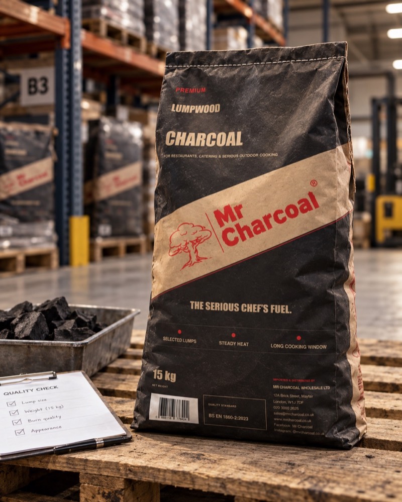 Mr Charcoal lumpwood charcoal bag in a warehouse setting