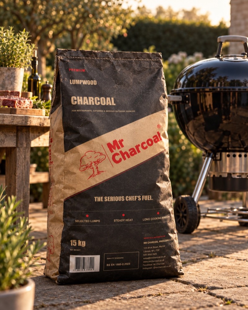 Mr Charcoal premium lumpwood charcoal beside a garden kettle barbecue