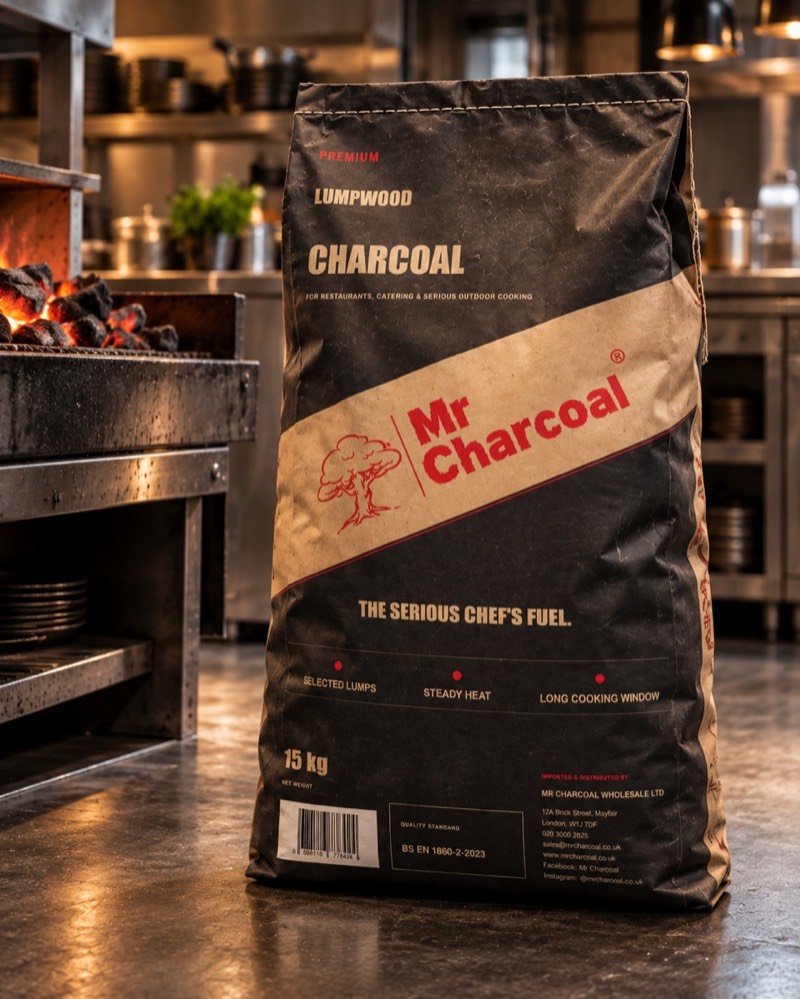 Mr Charcoal 15 kg premium lumpwood charcoal bag in a professional grill setting