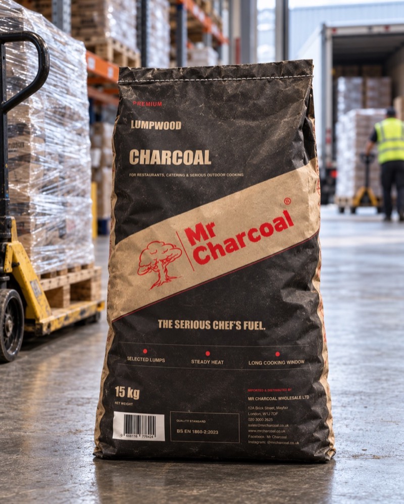 Mr Charcoal 15 kg lumpwood charcoal bag in a warehouse setting